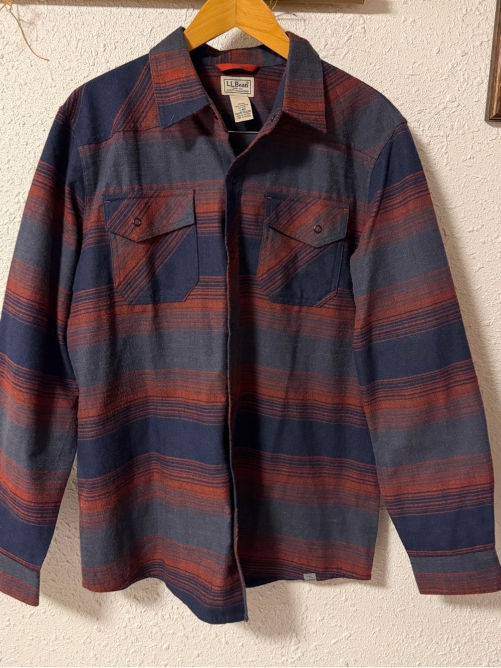 L.L.Bean Katadin Navy and Rust Plaid Wool-Blend Shirt Large